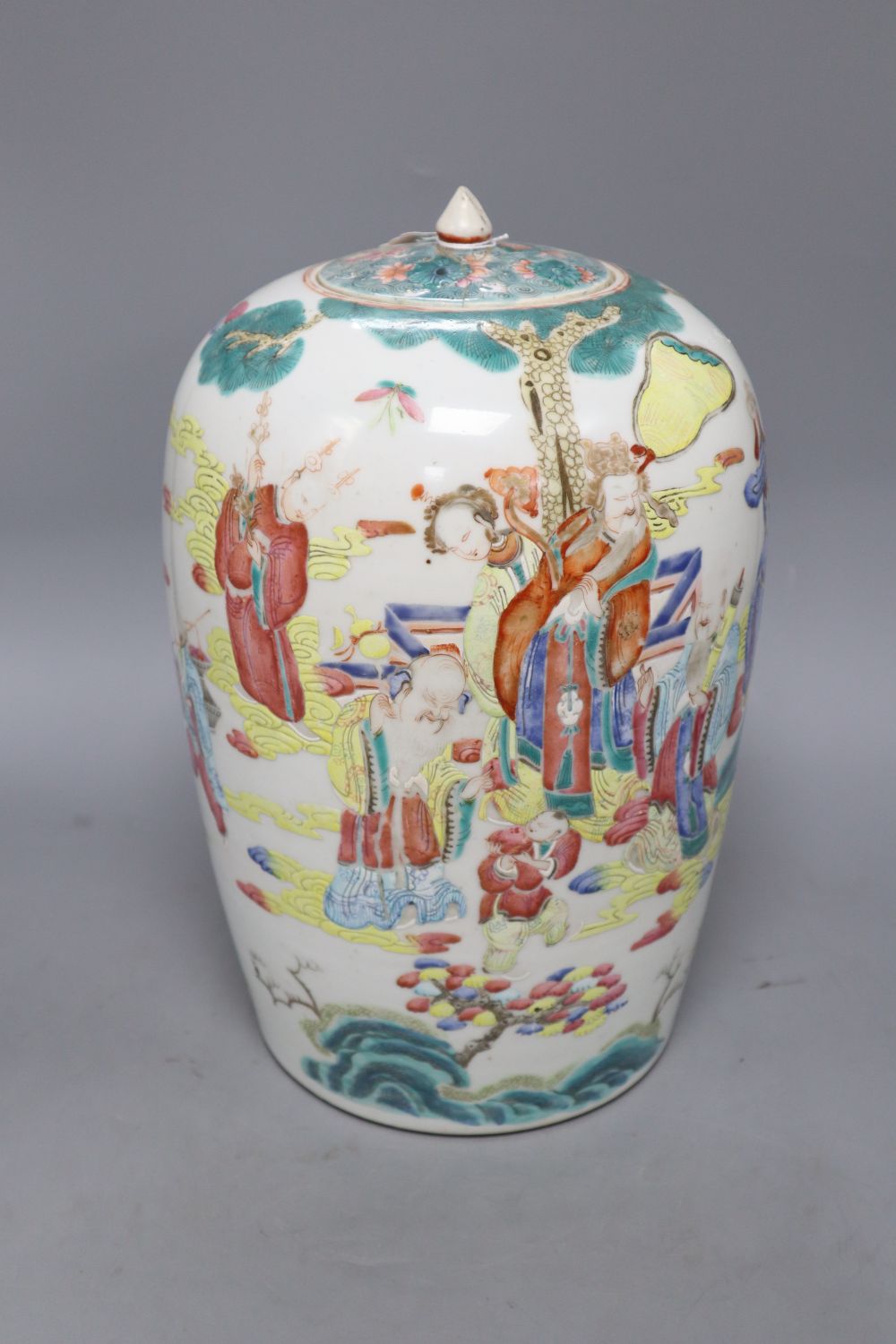 A 19th century Chinese famille rose eight immortals jar and cover